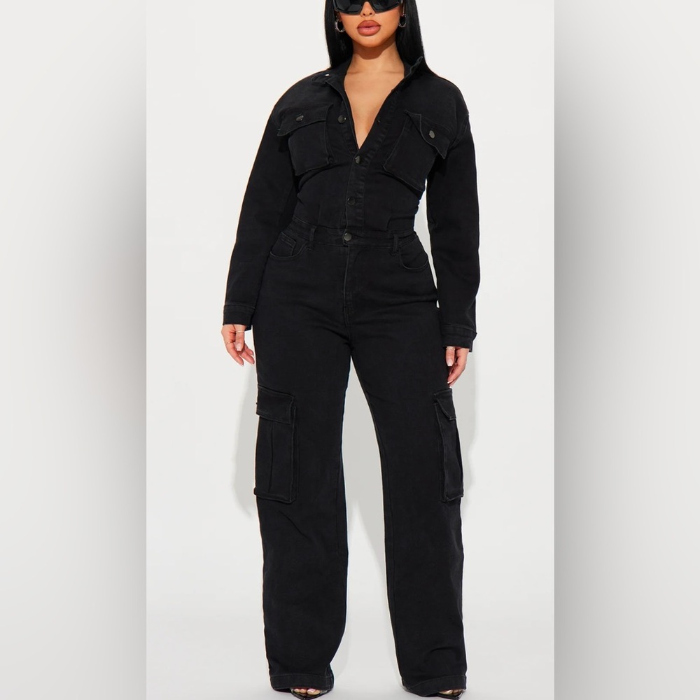 Black Denim Cargo Jumpsuit